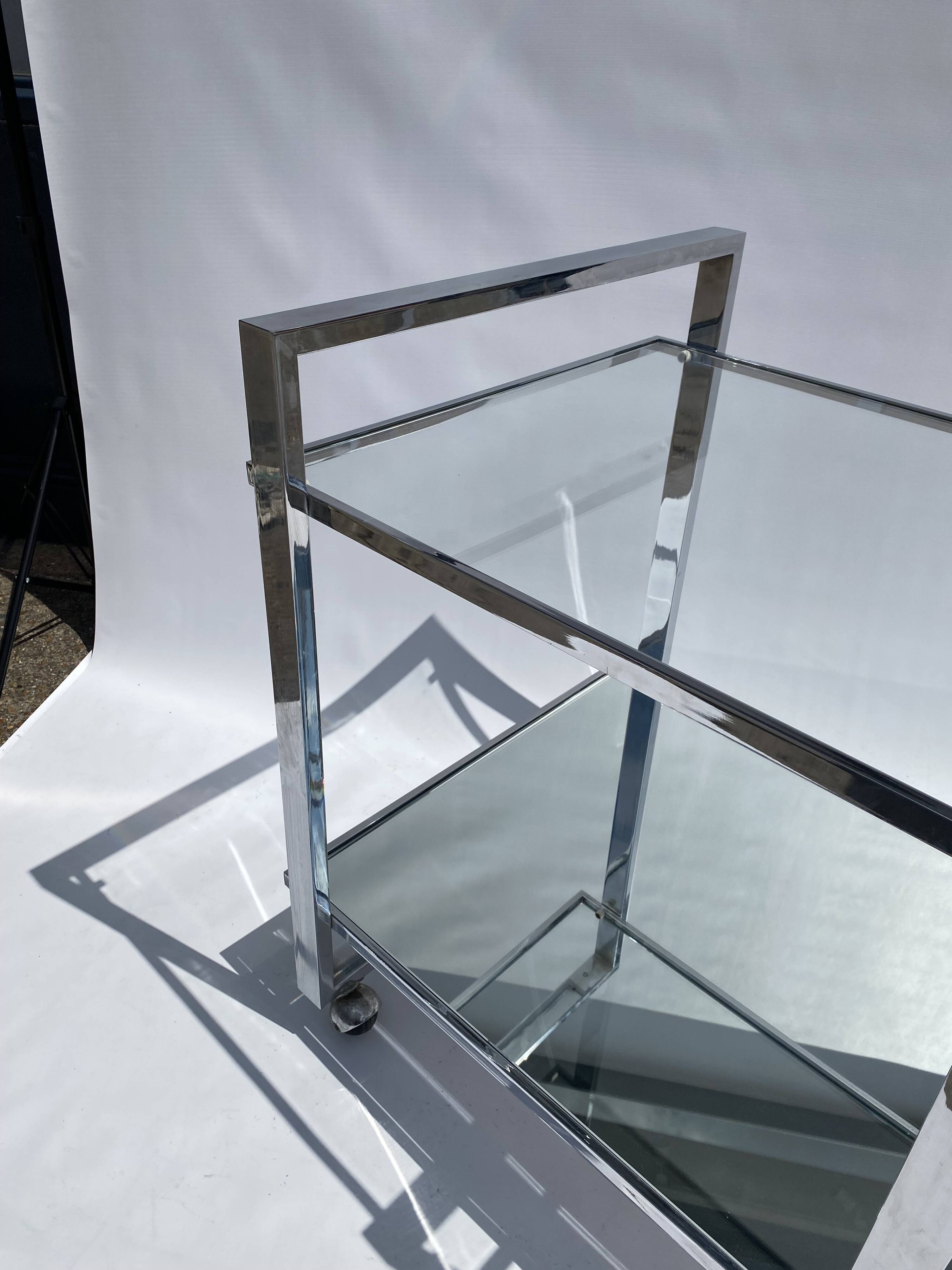 Romeo Rega Chrome 1970s Square Drinks Bar Cart Trolley Table Glass Mirror