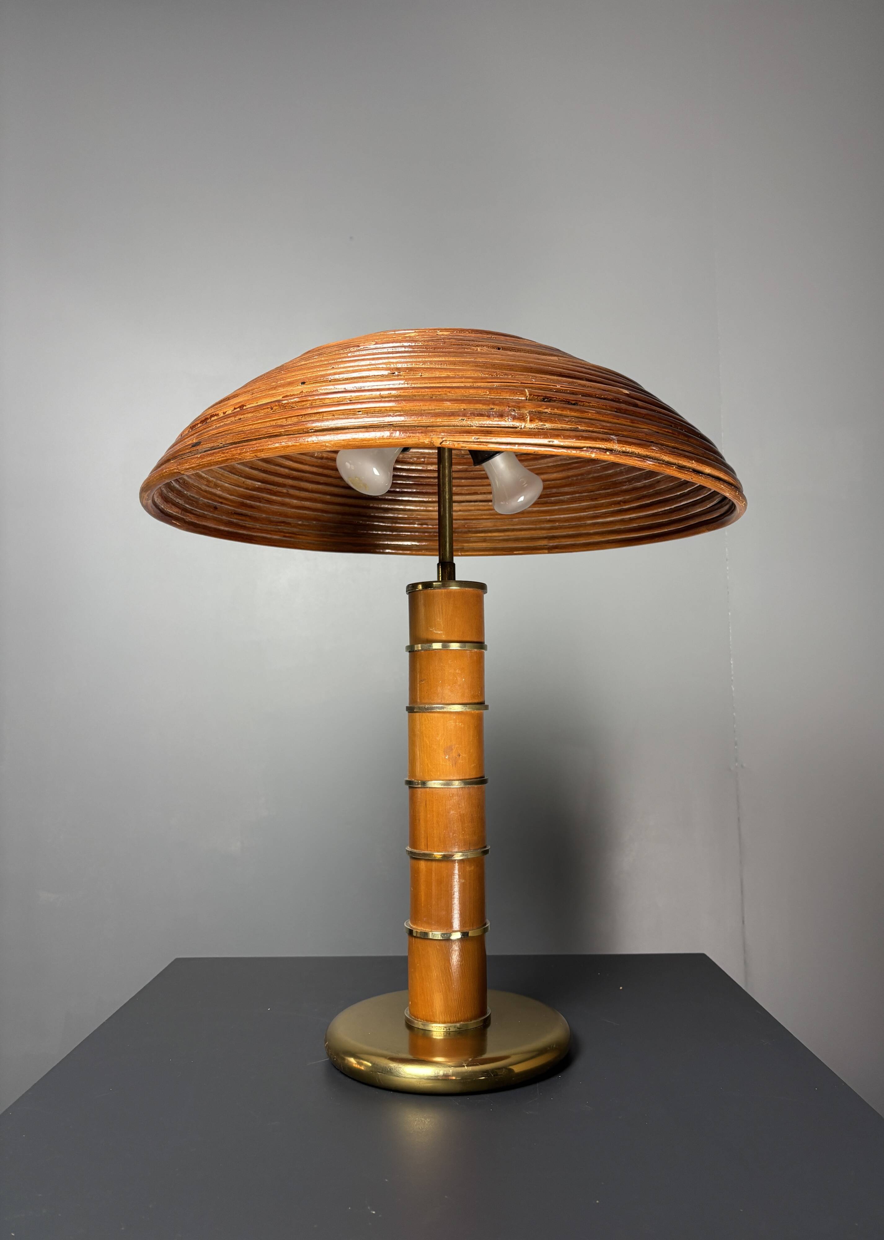 Midcentury pencil reed rattan bamboo and brass table lamp, 1960s