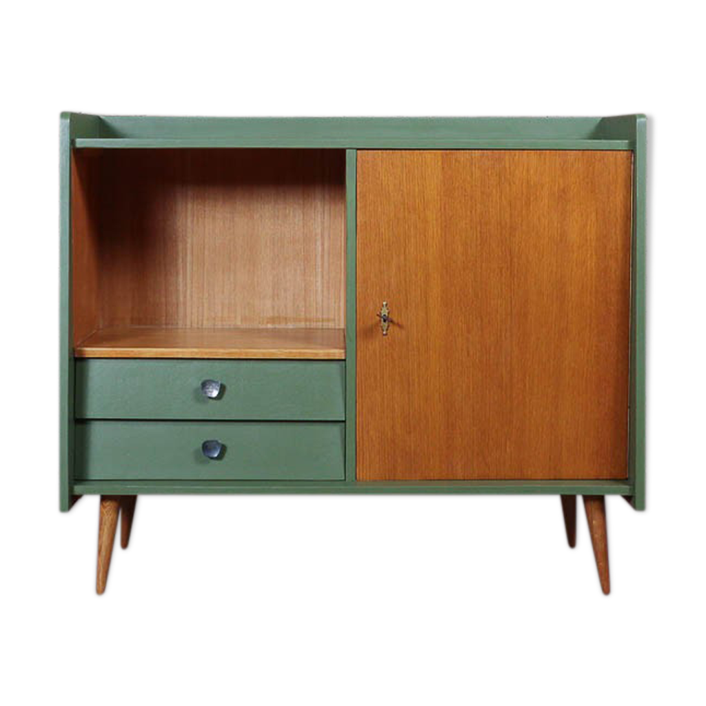 Buffet, vaisselier, meuble TV vintage années 50 sur pieds compas, bois