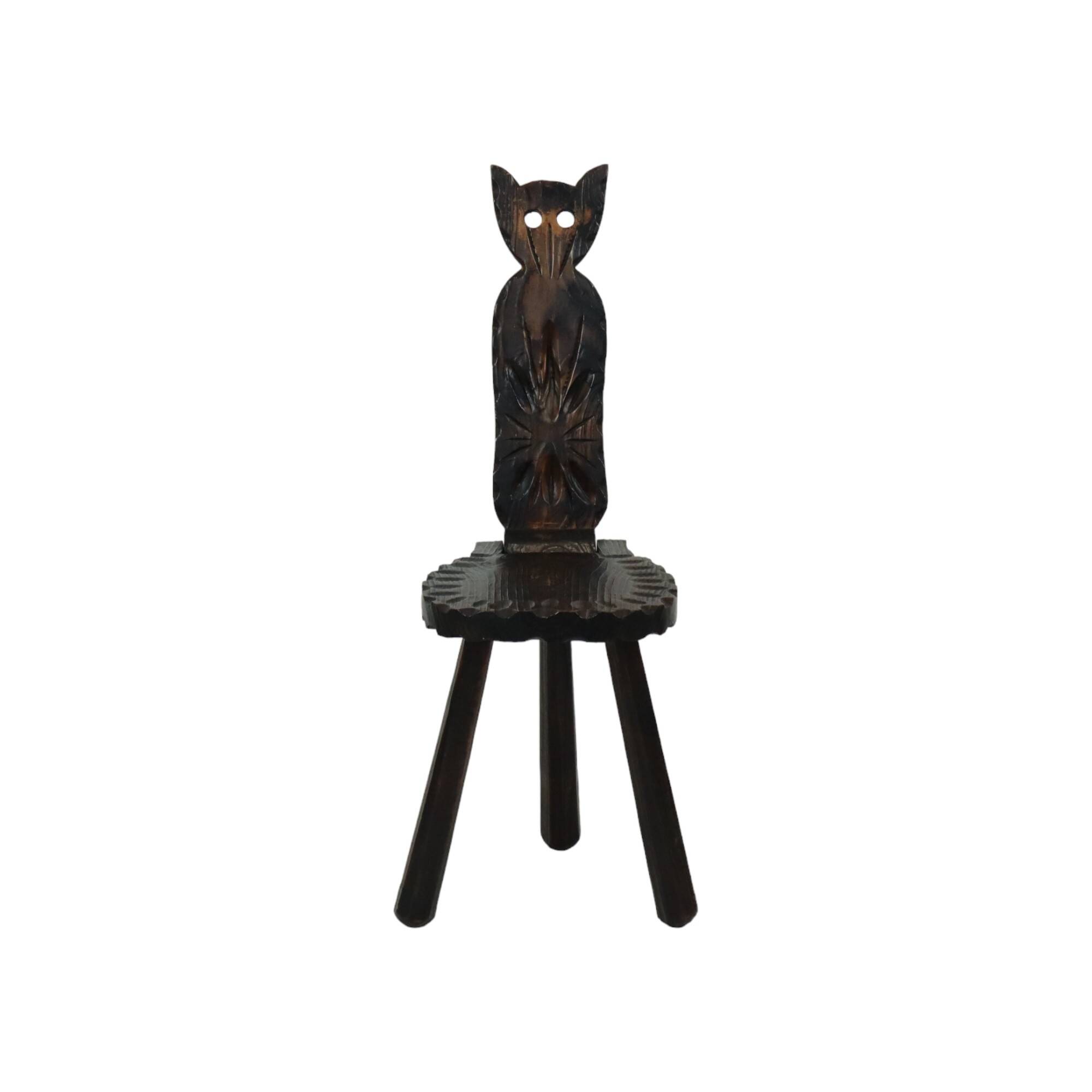 Authentic Spanish Brutalist Chair Tripod Cat Shape Solid Wood