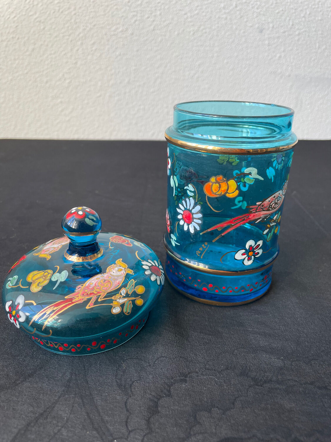 Hand-painted blue glass pot flowers and birds