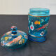 Hand-painted blue glass pot flowers and birds