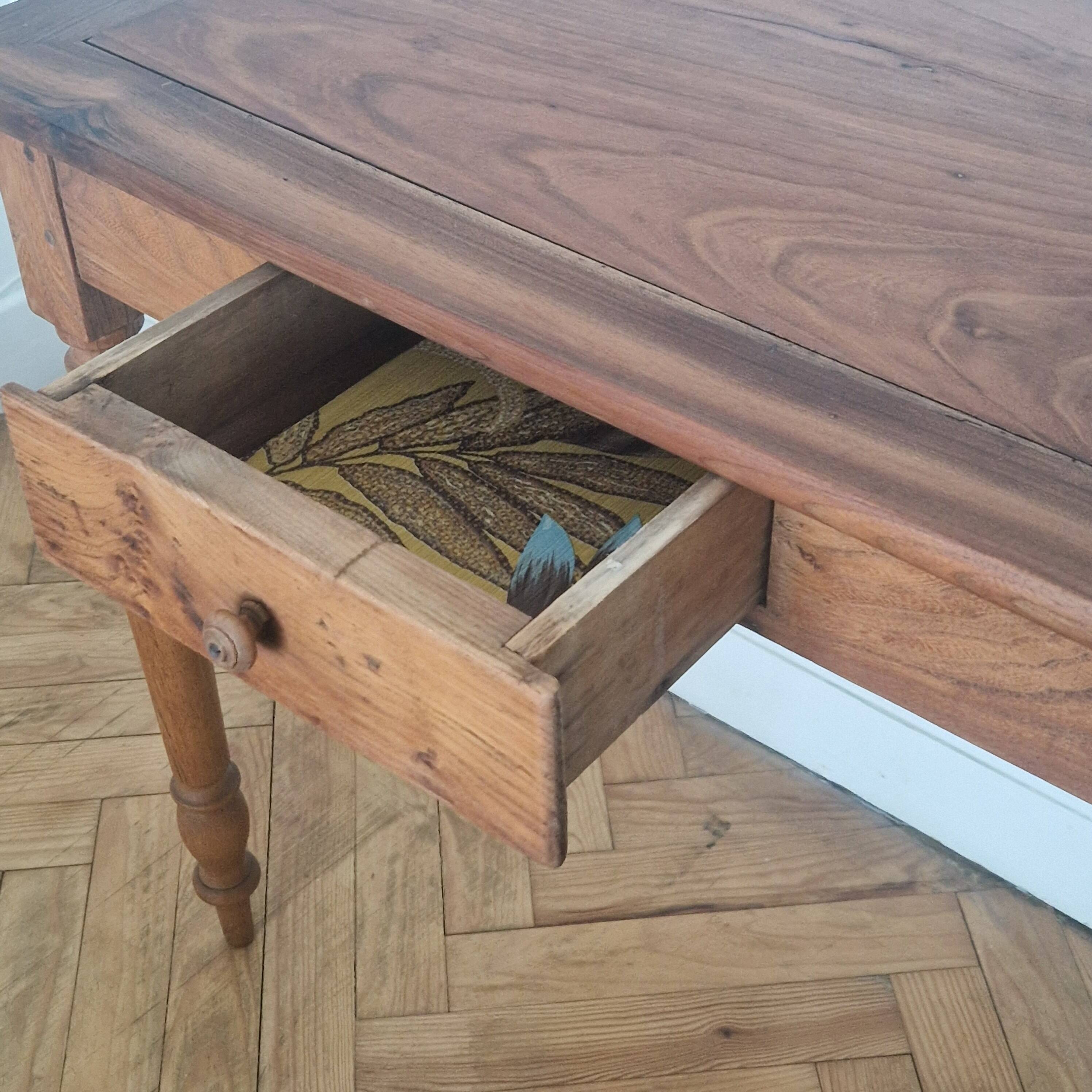 Antique writing table, solid wood desk with turned legs