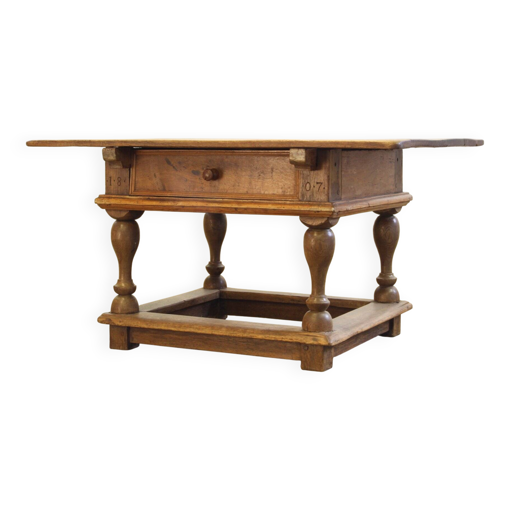Antique Nordic Baroque Oak Table, Dated 1807