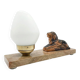 Art Deco lamp with marble, opaline globe & lion sculpture in spelter