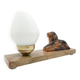 Art Deco lamp with marble, opaline globe & lion sculpture in spelter