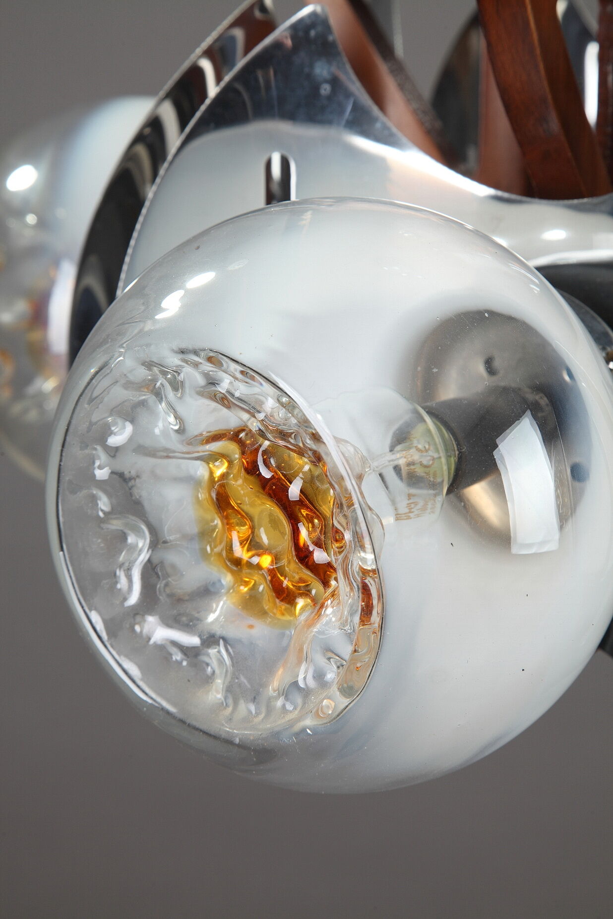 Mazzega chandelier in murano glass, chrome and wood, 1970's