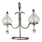 Mid-century Danish wrought iron and glass table oil lamp, 1960s.