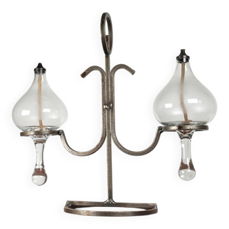 Mid-century Danish wrought iron and glass table oil lamp, 1960s.