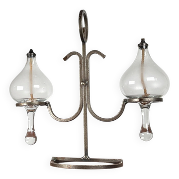 Lampe à huile de table en fer forgé et verre danoise du milieu du siècle, années 1960