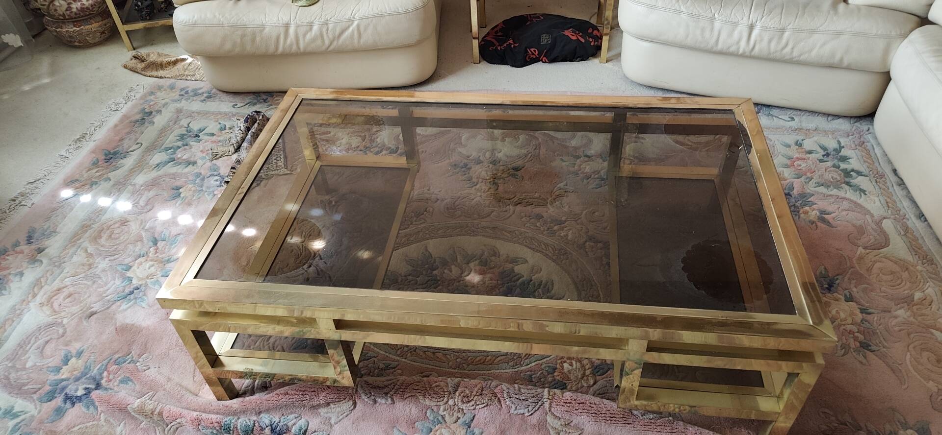 Brass Coffee Table with Smoked Glass Tops. French Work of