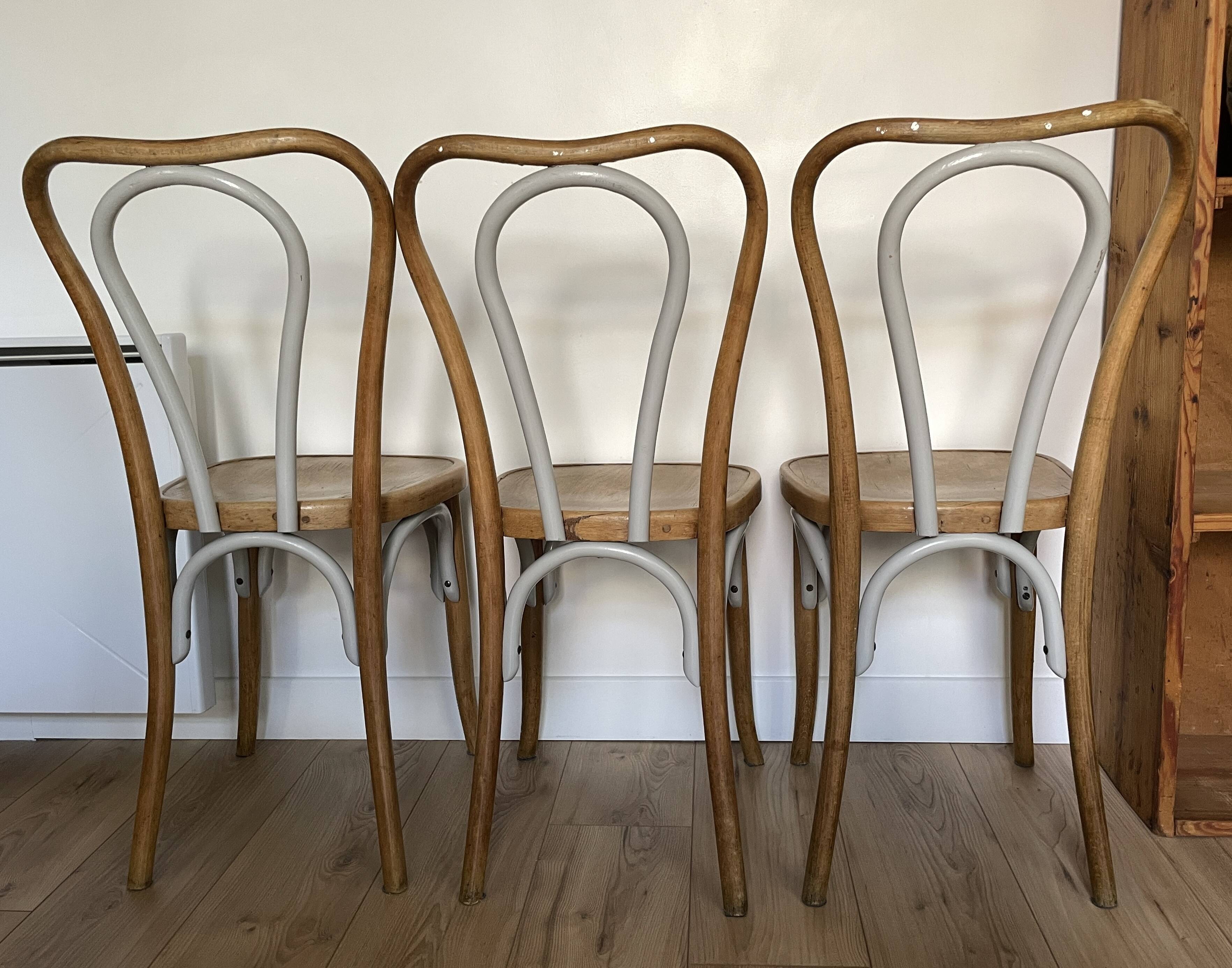Set of 3 FISCHEL stamped bentwood bistro chairs from 1920-40.