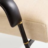 Jacques Adnet Rocking chair and ottoman in leather and mohair velvet 1950
