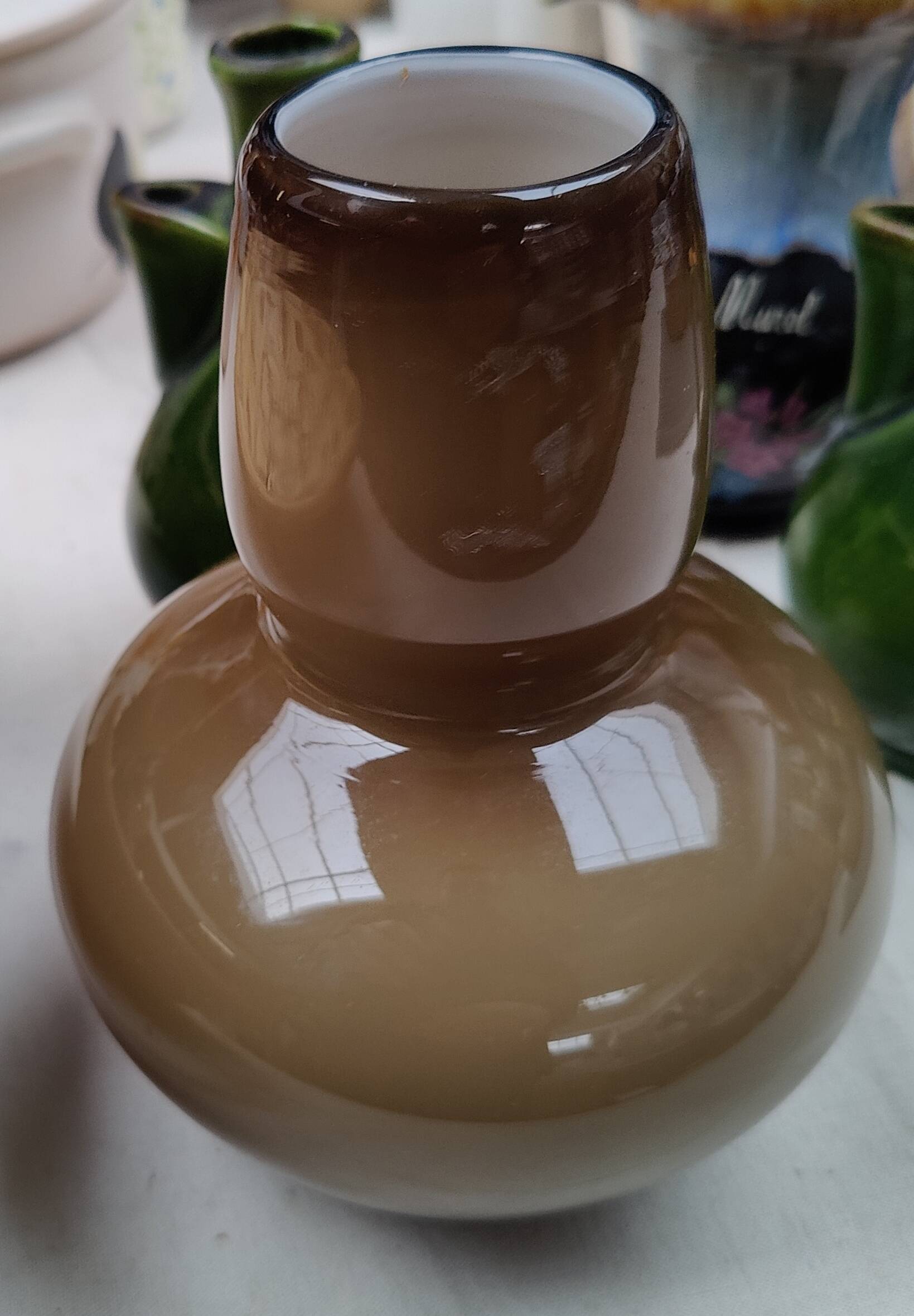 Vintage glossy brown two-layer blown glass vase, Scandinavian taste