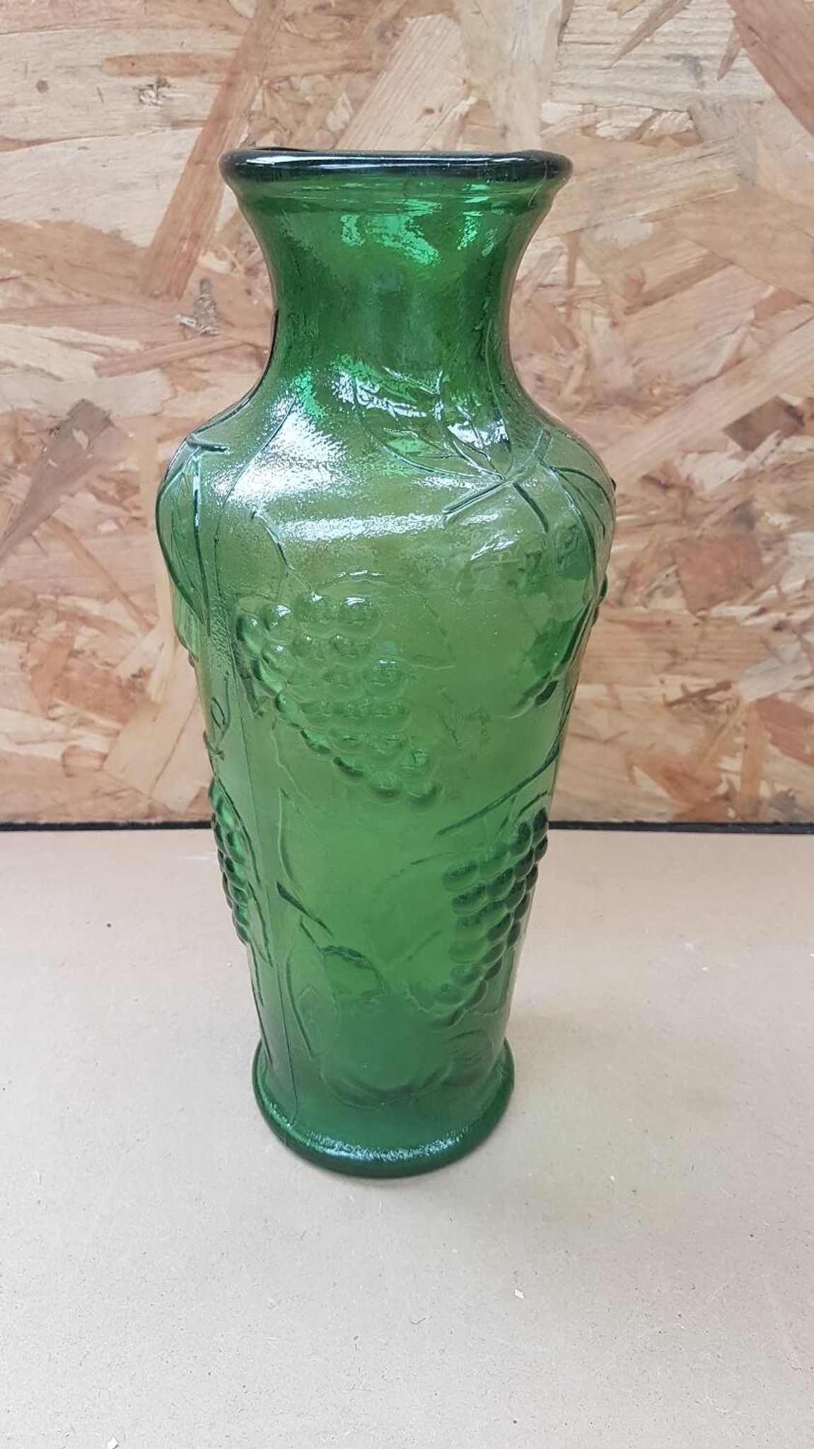 Old green molded glass vase vintage grape cluster decor