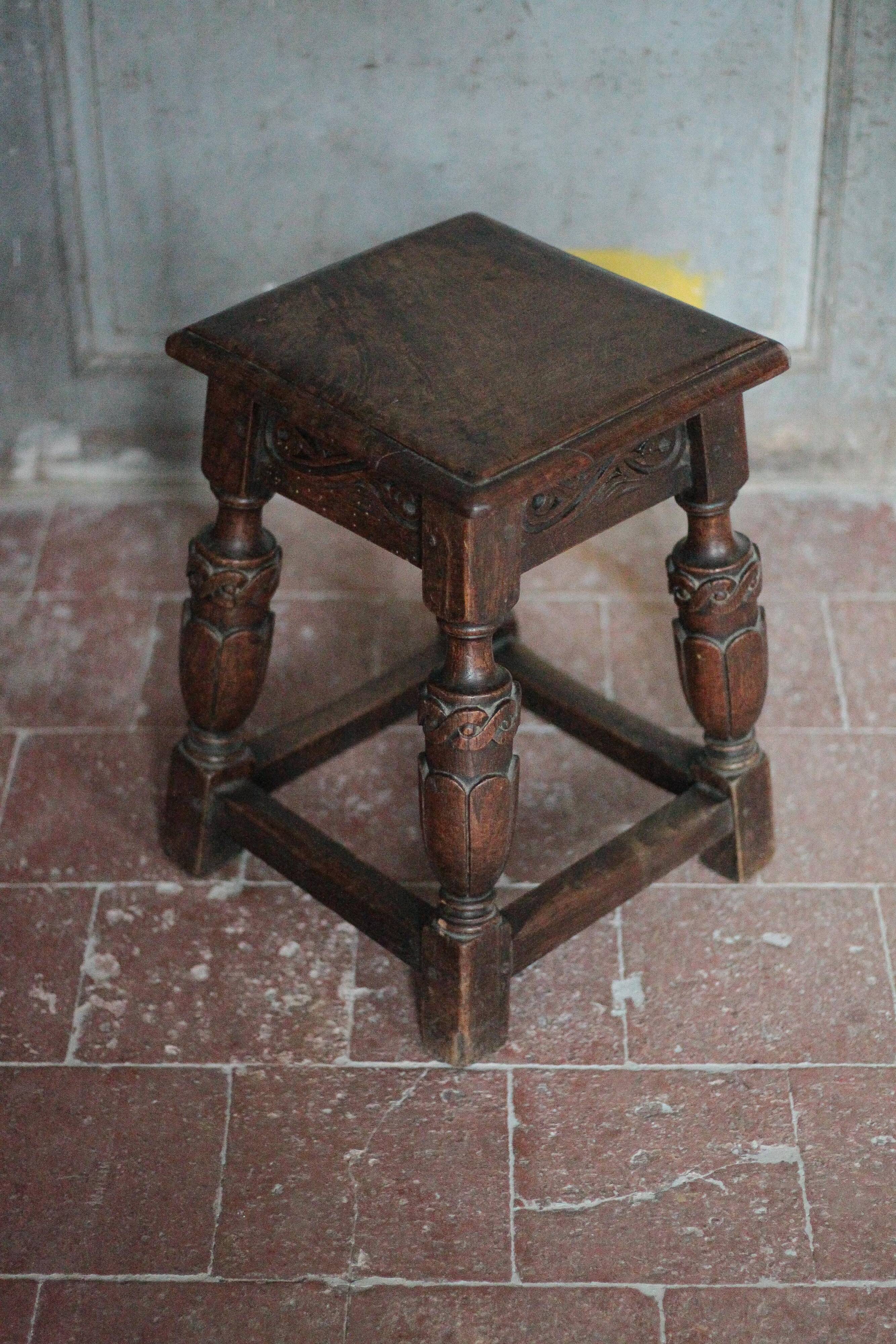 Antique wooden stool in Elizabethan English style, occasional stool