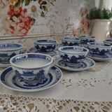 Set of 8 tea cups and sub-cups décor blue Asian landscape