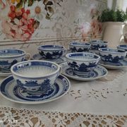 Set of 8 tea cups and sub-cups décor blue Asian landscape
