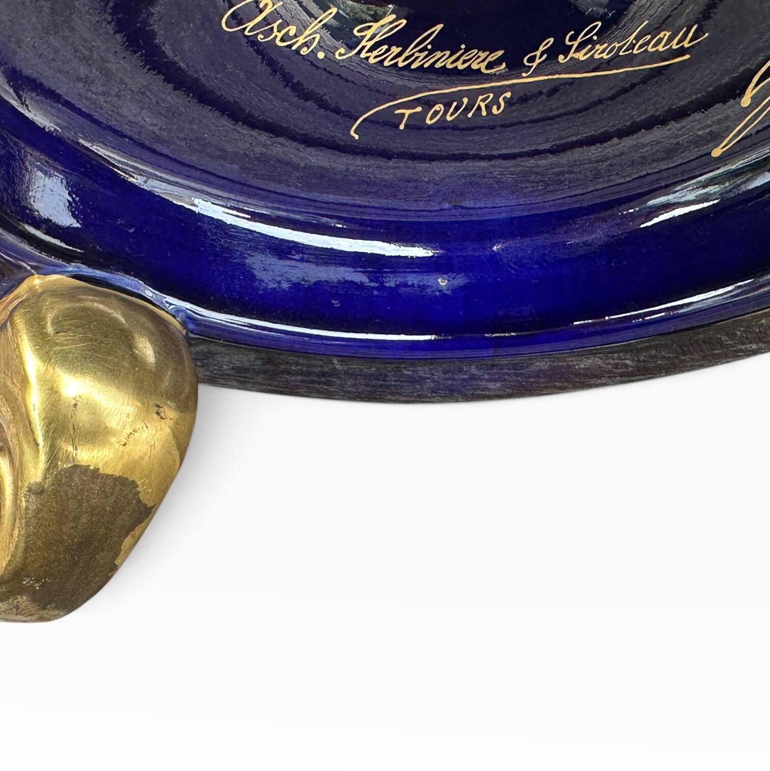 Large blue Sèvres vase / table centre and gold earthenware from Tours, signed.
