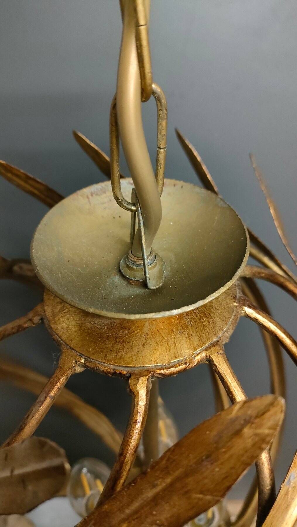 Large Italian Foliage Cage Chandelier - 1960s Art Crafts - Gold Metal