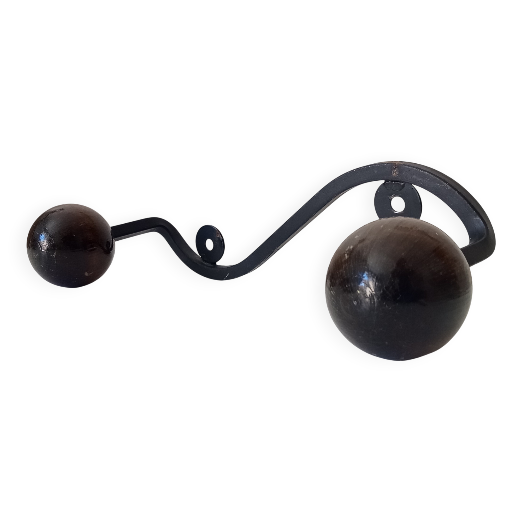 Wood and wrought iron ball coat rack from the 1950s.