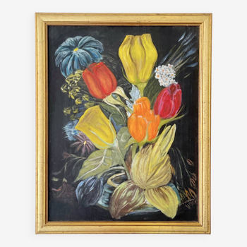 Vintage Still Life Painting of Flowers on Canvas