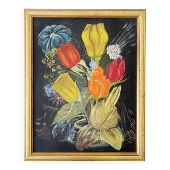 Vintage Still Life Painting of Flowers on Canvas
