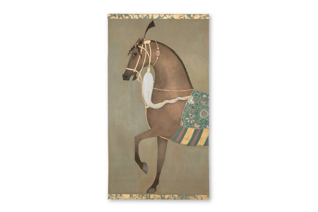 Painted canvas depicting a side view of an Indian horse. Contemporary work.