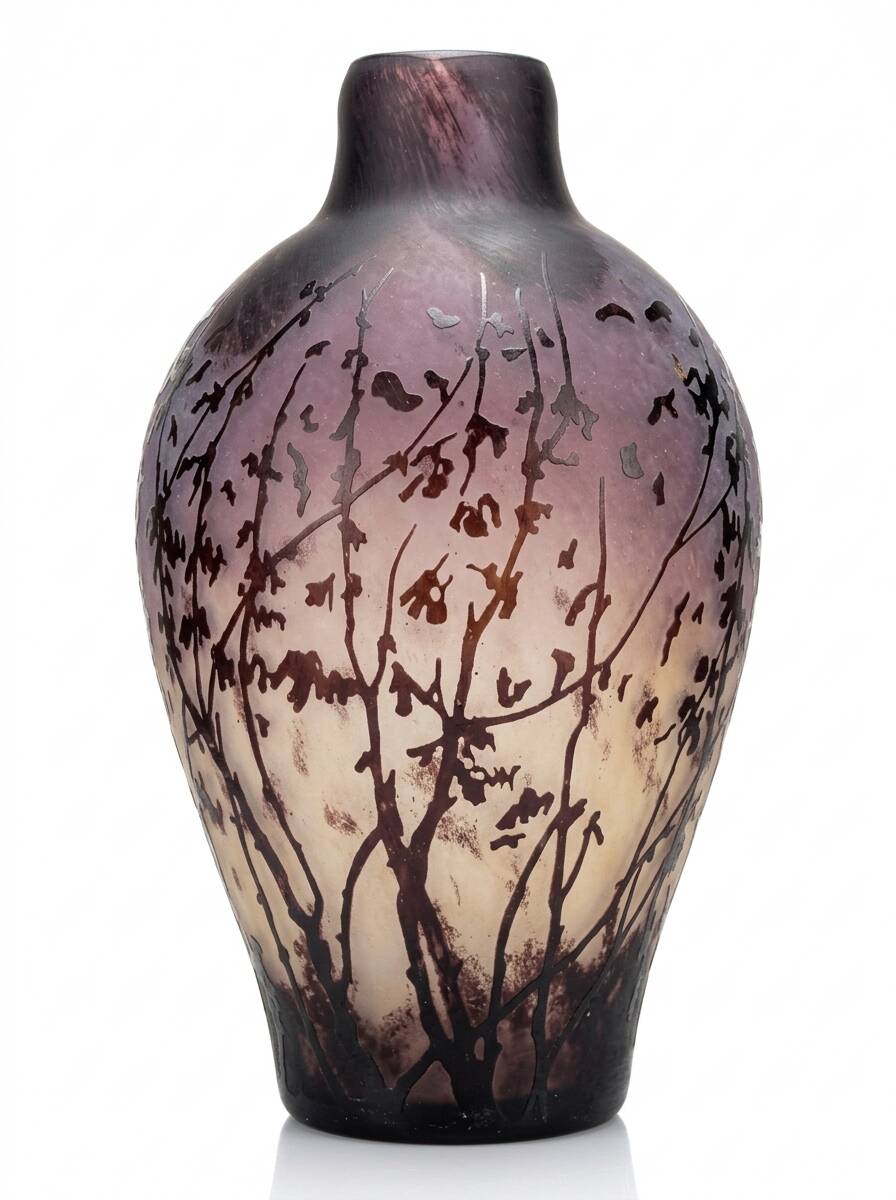 Acid-etched glass vase with a branch design.