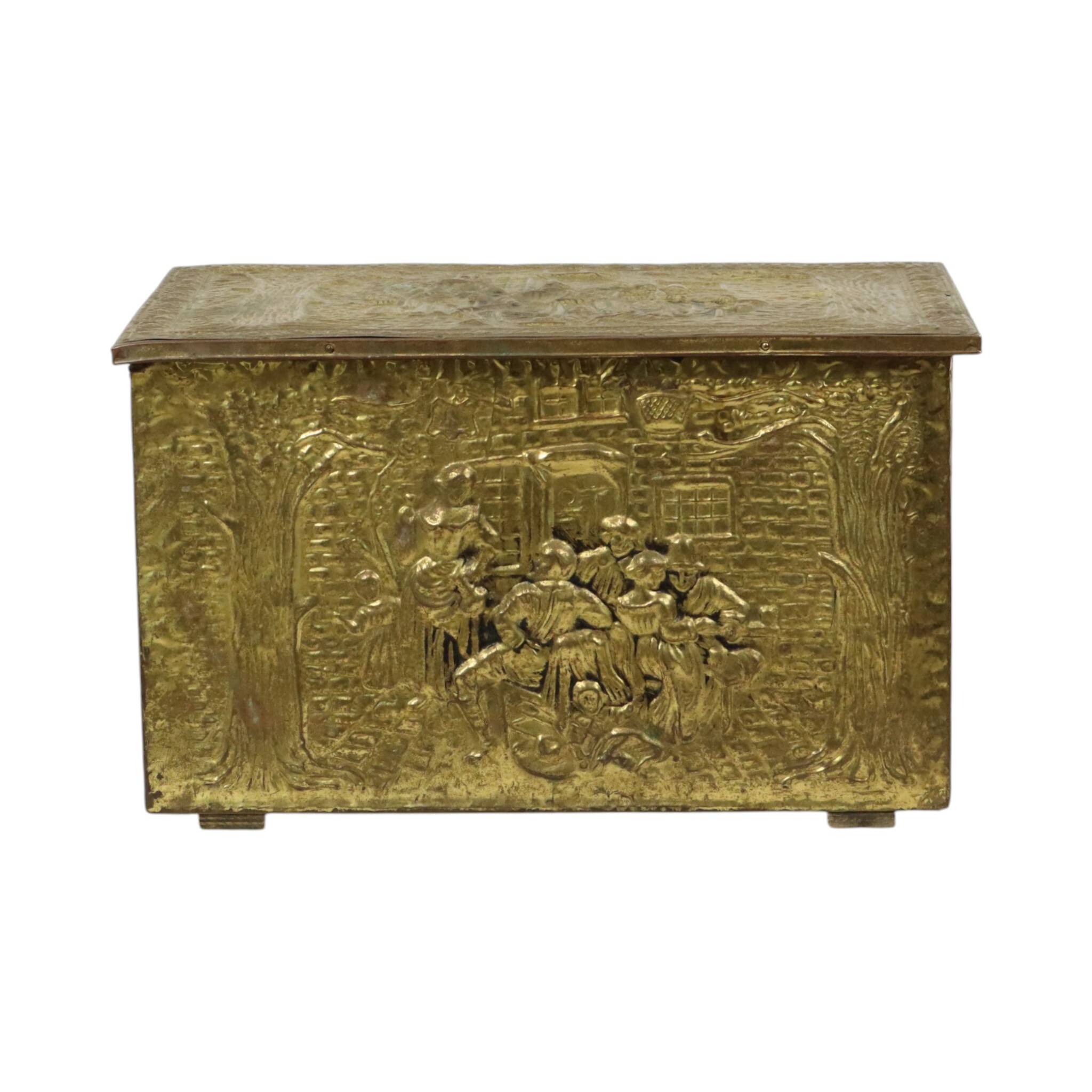 Large Repoussé Chest Coal Fireplace Brass Wood Early 20th Century