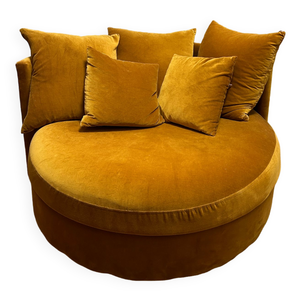 Grand fauteuil rond en velours doré | Selency