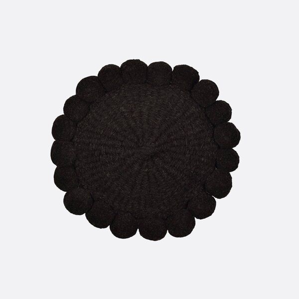 Mini coussin rond à pompons noir en laine