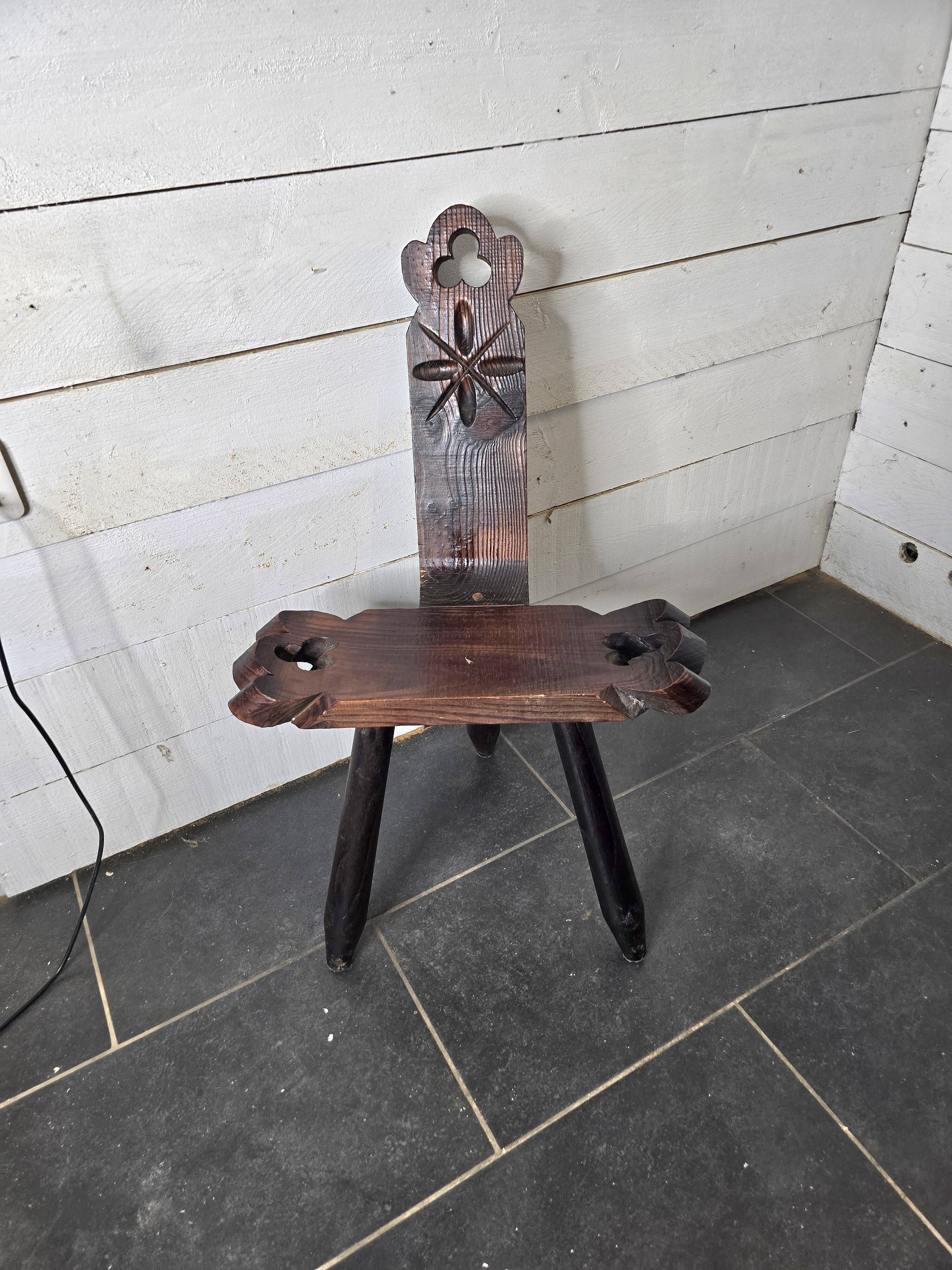 Vintage Spanish tripod chair in carved wood