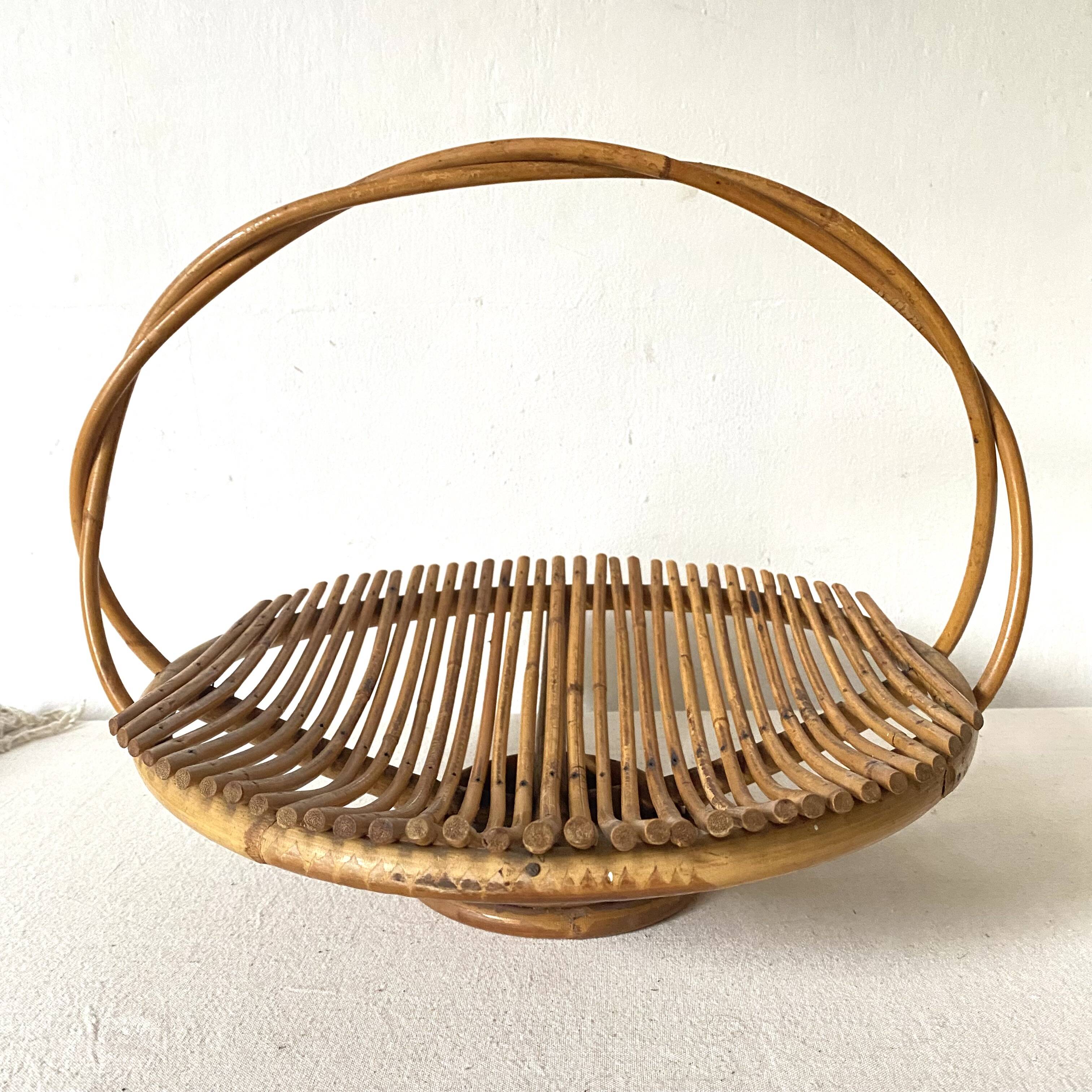 Rattan fruit basket with handle, 1970s