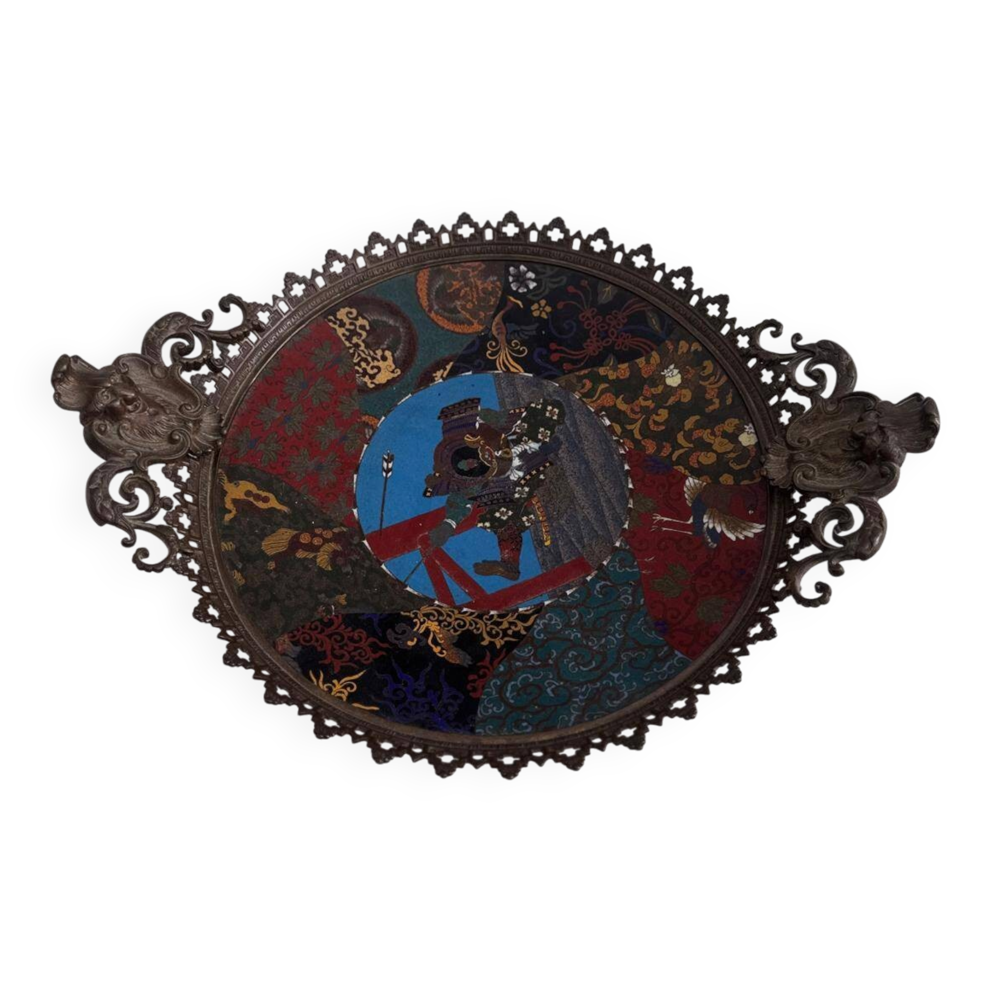 Large Japanese-style cloisonné enamel platter – Samurai decoration – Late 19th century