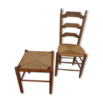 Chair and stool with mulched seat in solid wood