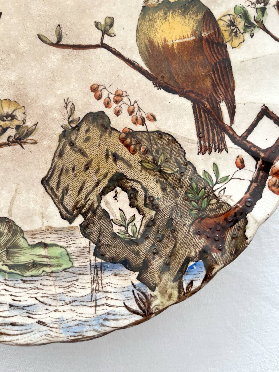Antique polychrome ironstone plate with bird motif "Aquatic" SF&co