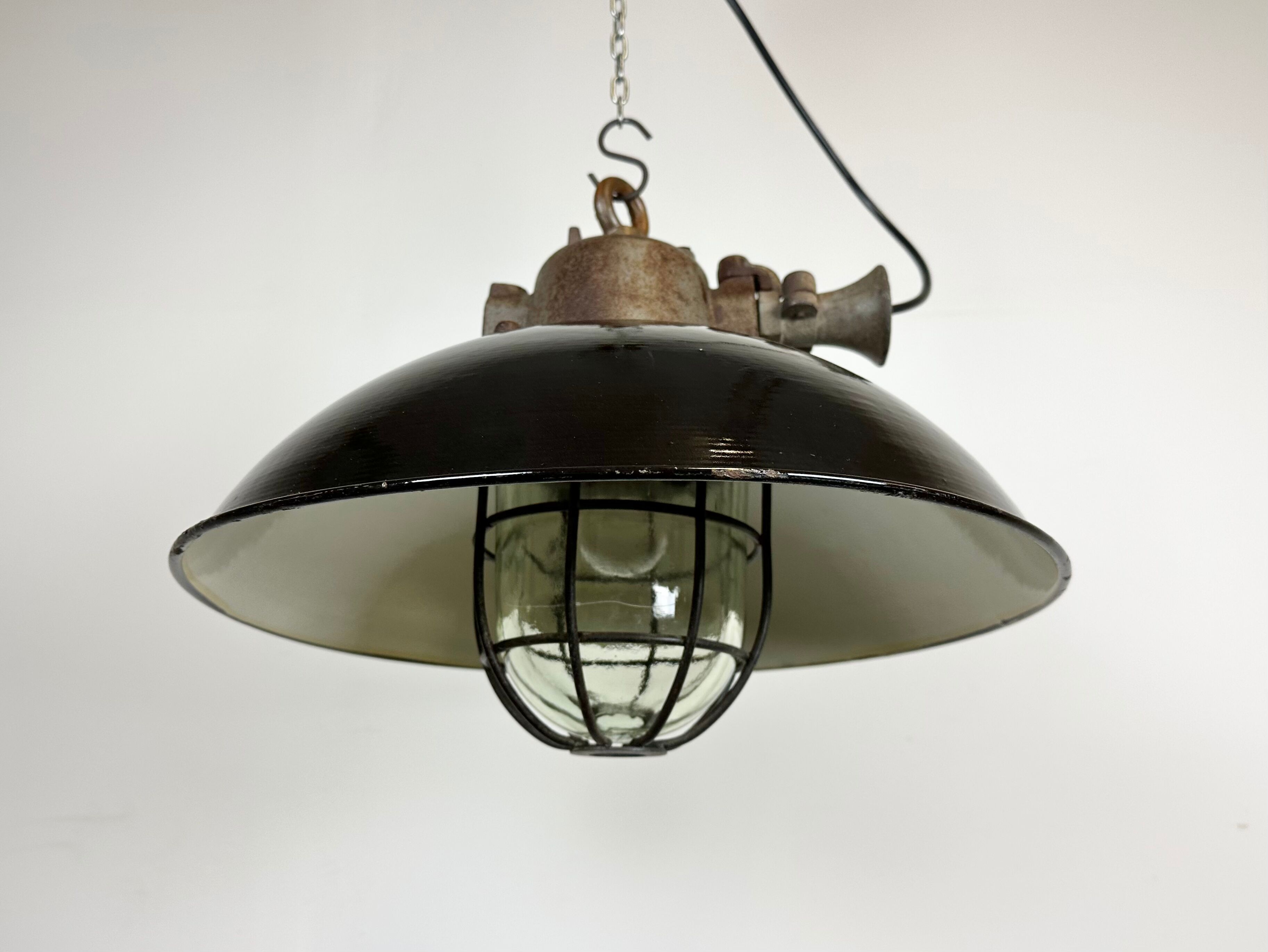 Black enamel and cast iron industrial cage pendant light, 1950s