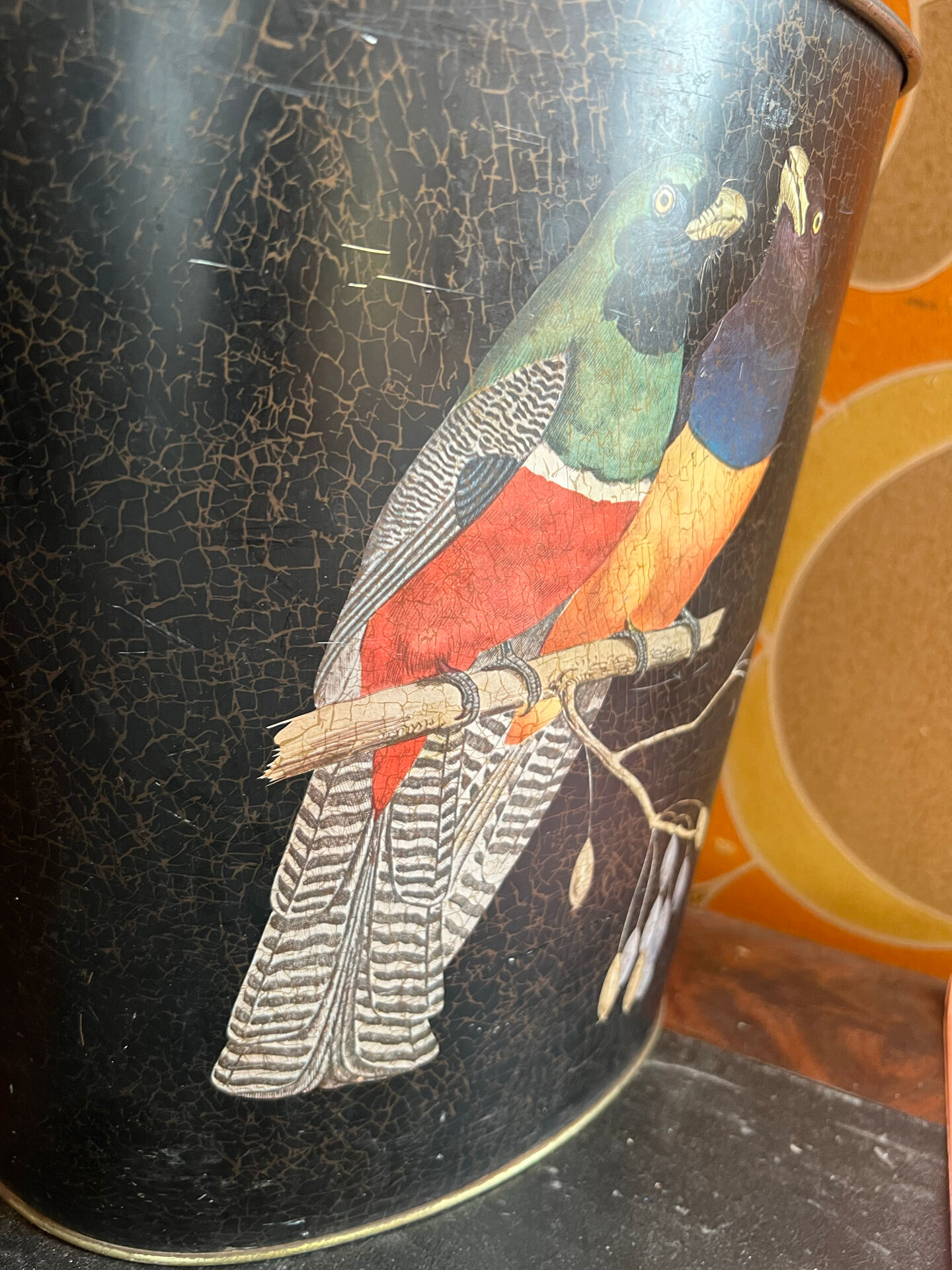 Vintage metal zinc paper bin parrot decor