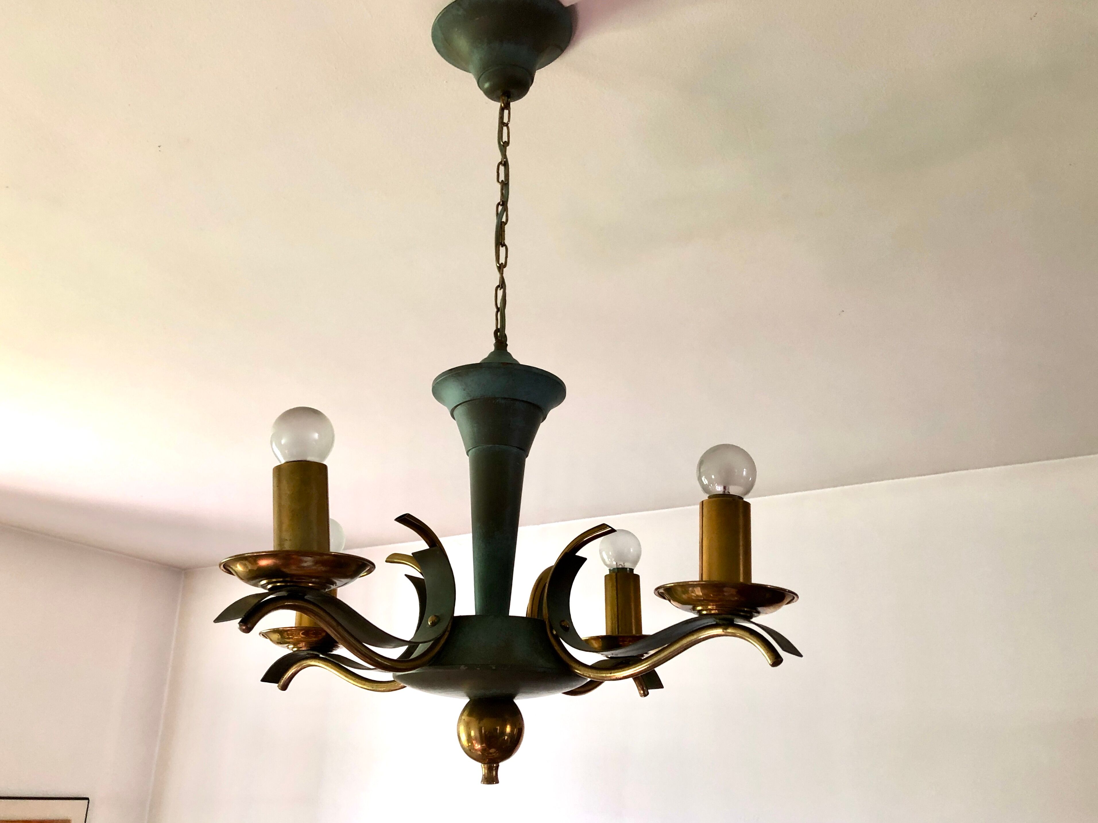 Celadon green modernist chandelier and solid brass