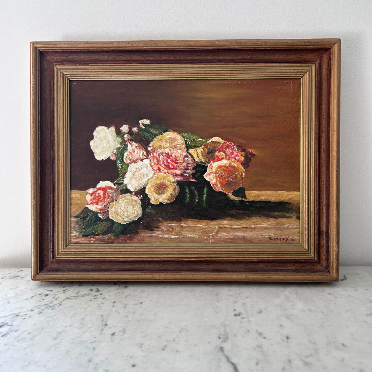 Tableau bouquet de roses anciennes signé R.Stephan