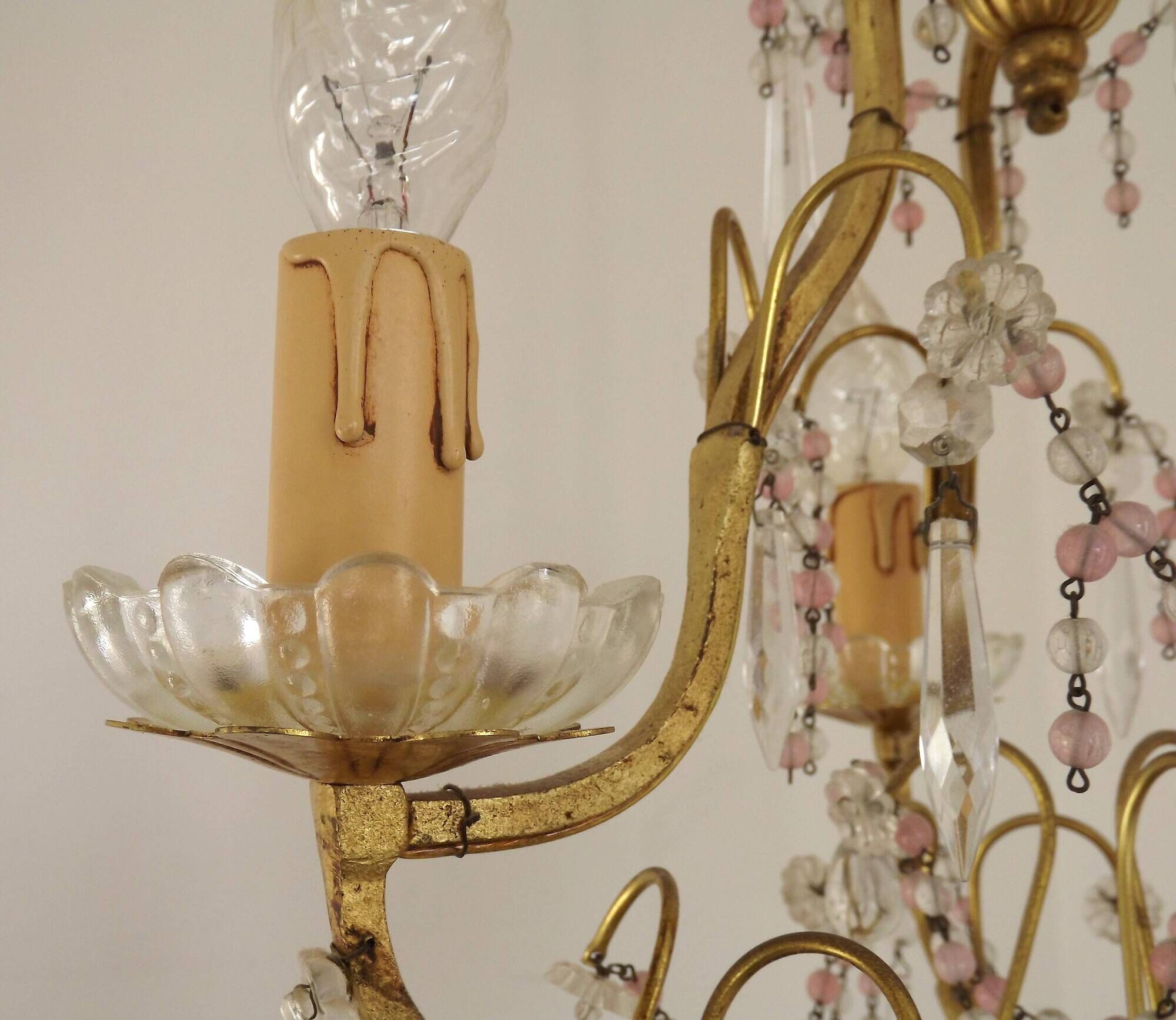 French gilt bronze three-light cage chandelier with pink and clear beaded swags.