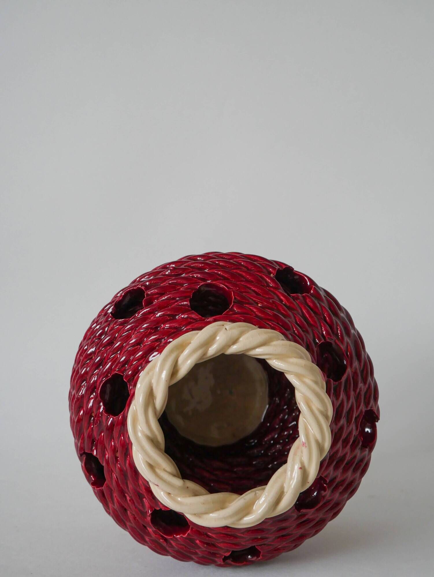 soliflore vase in burgundy and cream braided slip, 1960