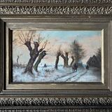 HST painting "Winter landscape with rider" signed Alberty XIX° + frame