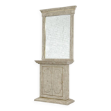 Travertine and Brass Marquetry Console Table and Mirror, 1970s, Set of 2