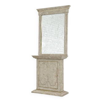 Travertine and Brass Marquetry Console Table and Mirror, 1970s, Set of 2