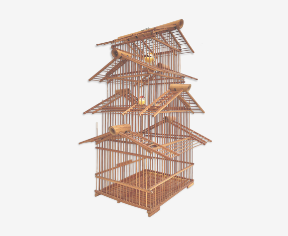 Cage à oiseaux ancienne pagode en bambou et bois