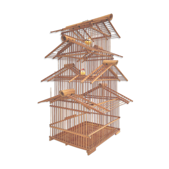 Cage à oiseaux ancienne pagode en bambou et bois