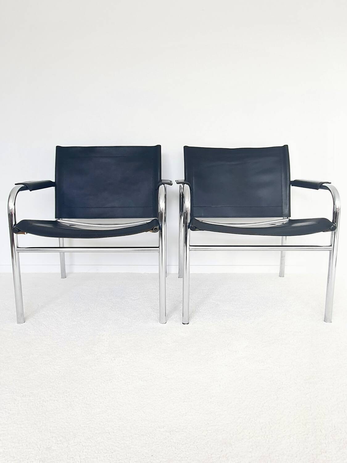 Ensemble de fauteuils klinte par tjord bjorklund pour ikea, chaises vintage design chrome & cuir