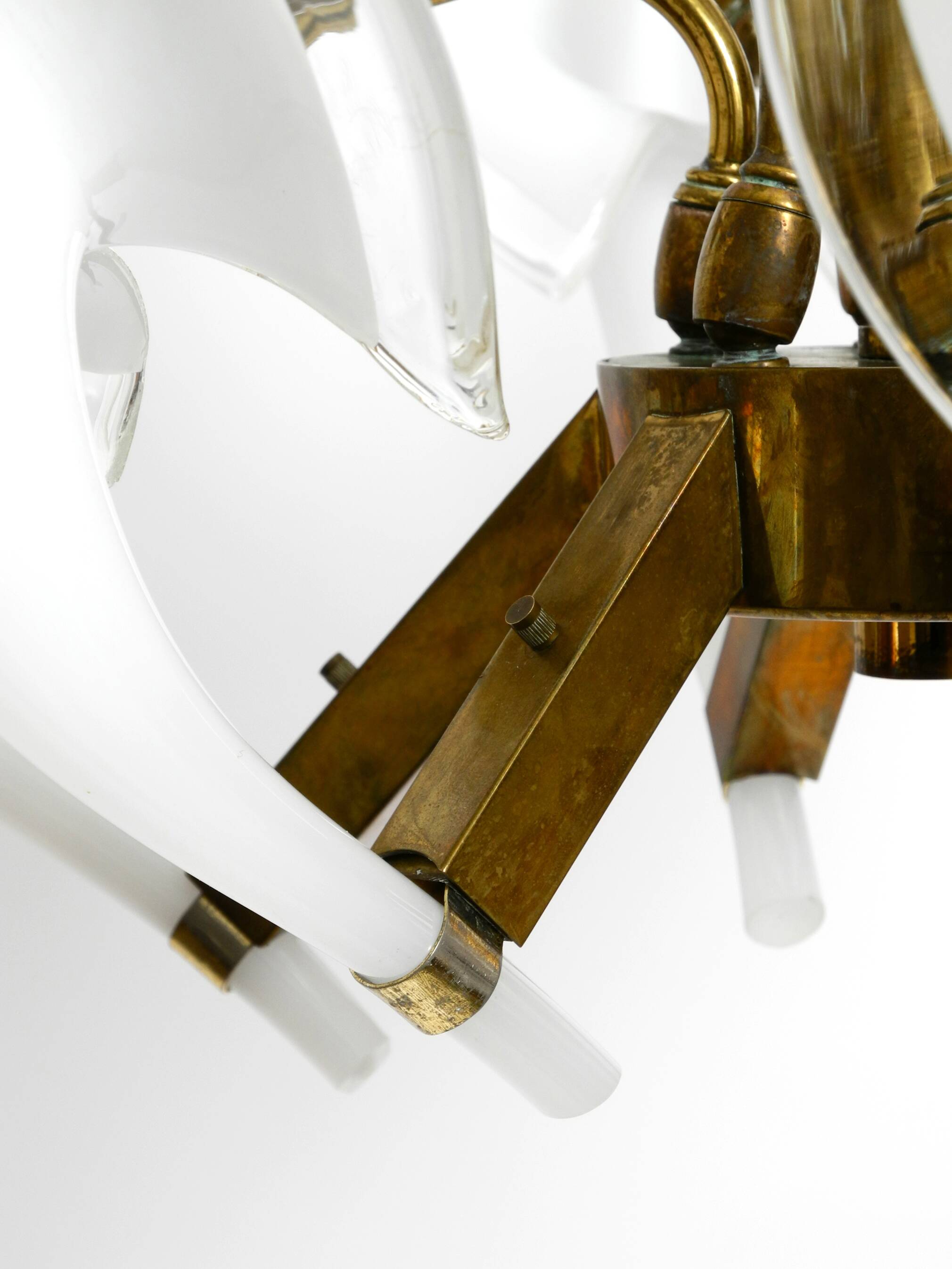 50s brass chandelier with white and transparent Murano glasses Franco Luce